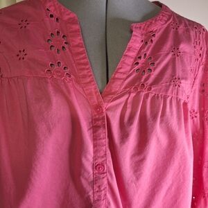 100% Cotton Hot Pink 3/4  Sleeve Tunic with Mandarin Collar Size 24